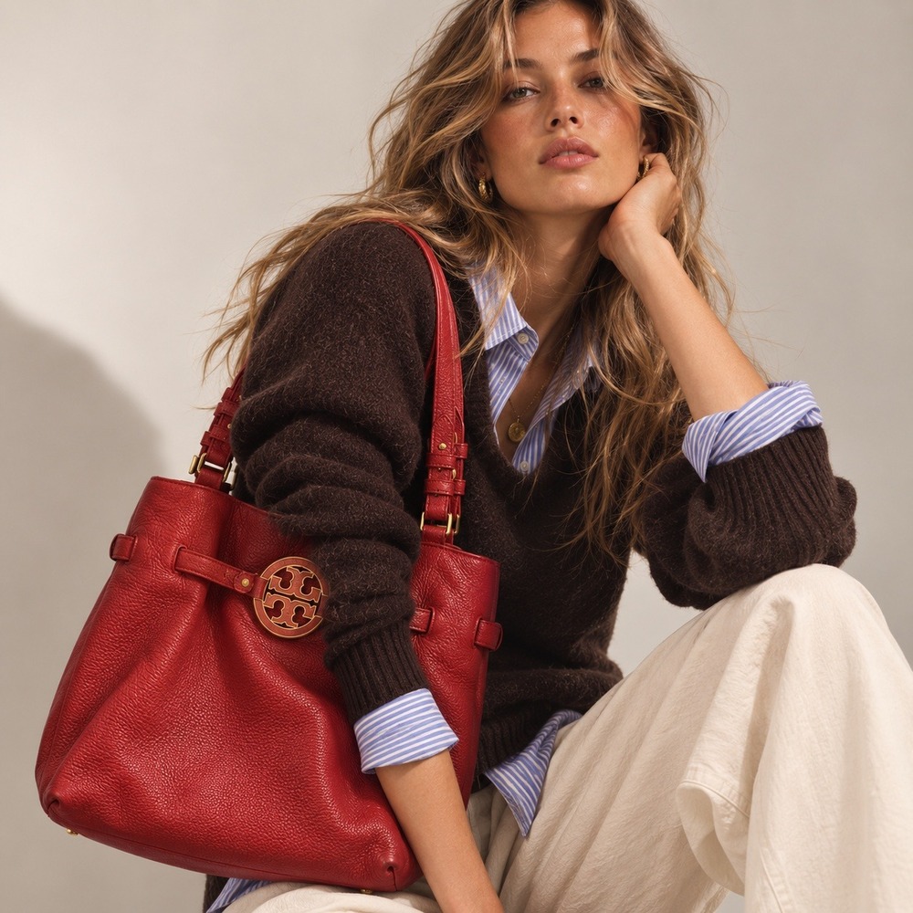 Tory Burch Pebbled Leather Amanda Handbag Carnival Red